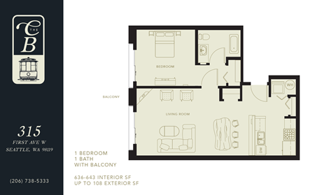 Floor plan for 1 bed, 1 bath, 636 sqft